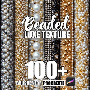 Puede incluir: Un conjunto de más de 100 pinceles digitales para Procreate con texturas de cuentas en varios colores y patrones. Los pinceles están diseñados para crear diseños lujosos y elegantes.