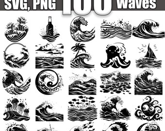 Paquete SVG de olas del océano, juego de 100, descarga digital instantánea svg png dxf eps
