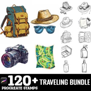 以下が含まれることがあります： 旅行をテーマにしたイラストが120種類以上入ったProcreateスタンプセット。バックパック、帽子、サングラス、地図、カメラ、救急箱、スプレーボトルなど、さまざまなスタンプが含まれています。