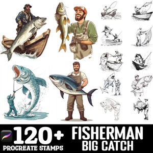 May include: A set of 120+ Procreate stamps featuring illustrations of fishermen and their big catches. The stamps include various fish species, fishing boats, and fishermen in different poses. The illustrations are in a vintage style with a hand-drawn aesthetic.
