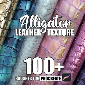 Könnte beinhalten: Eine Sammlung von über 100 Alligator-Ledertexturen in verschiedenen Farben, darunter Gold, Blau, Pink und Weiß. Diese Texturen eignen sich perfekt für die Verwendung in digitaler Kunst und Design, insbesondere für Procreate.