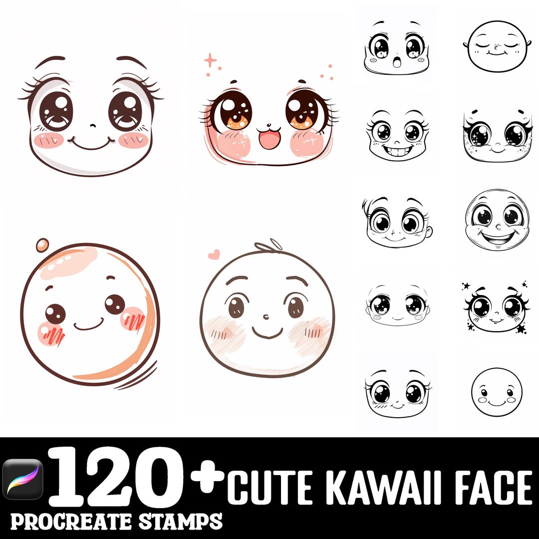 100+ Cute Kawaii Face Procreate Brush Set | Procreate Stamp Brushes ...