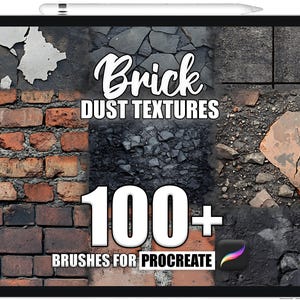 Puede incluir: Una tableta digital muestra una colección de texturas de ladrillo y polvo. El texto "Brick Dust Textures" se destaca, junto con "100+ Brushes for Procreate". La imagen presenta varios patrones de ladrillo y piedra, ideales para arte digital.