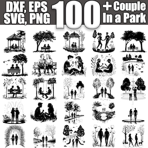 Puede incluir: Una colección de más de 100 ilustraciones en blanco y negro de parejas en un parque. Las ilustraciones presentan diversas escenas, como parejas sentadas en bancos, caminando de la mano y disfrutando de un picnic. Las ilustraciones son perfectas para usar en scrapbooking, creación de tarjetas y otros proyectos de manualidades.