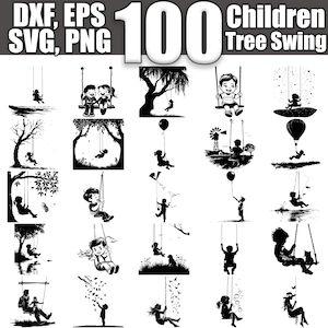 May include: A set of 100 black and white silhouette illustrations of children on tree swings. The illustrations are in various poses and settings, including trees, clouds, and stars.