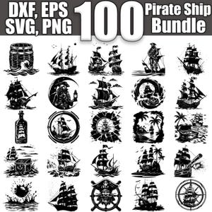 Paquete SVG de barco pirata, juego de 100, descarga digital instantánea svg png dxf eps