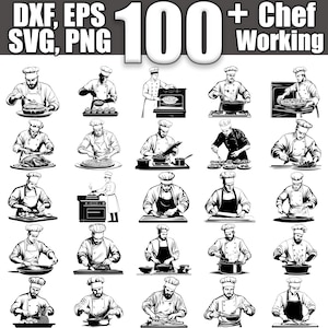 May include: A collection of 100+ black and white illustrations of chefs working in a kitchen. The chefs are shown preparing food, cooking, and baking. The illustrations are in a vintage style.