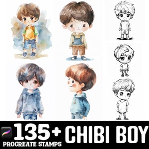 May include: A set of 135+ digital stamps featuring cute chibi boy illustrations in various poses and outfits. The stamps are designed for use in Procreate and are perfect for adding a touch of whimsy to your digital art.