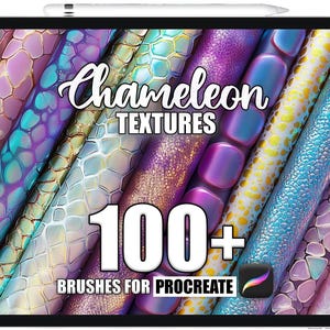 Puede incluir: Una tableta digital muestra una colección de patrones coloridos y texturizados. El texto "Chameleon TEXTURES" está superpuesto, junto con "100+ BRUSHES FOR PROCREATE" y el logotipo de Procreate. Las texturas incluyen tonos de morado, azul, dorado y rosa.