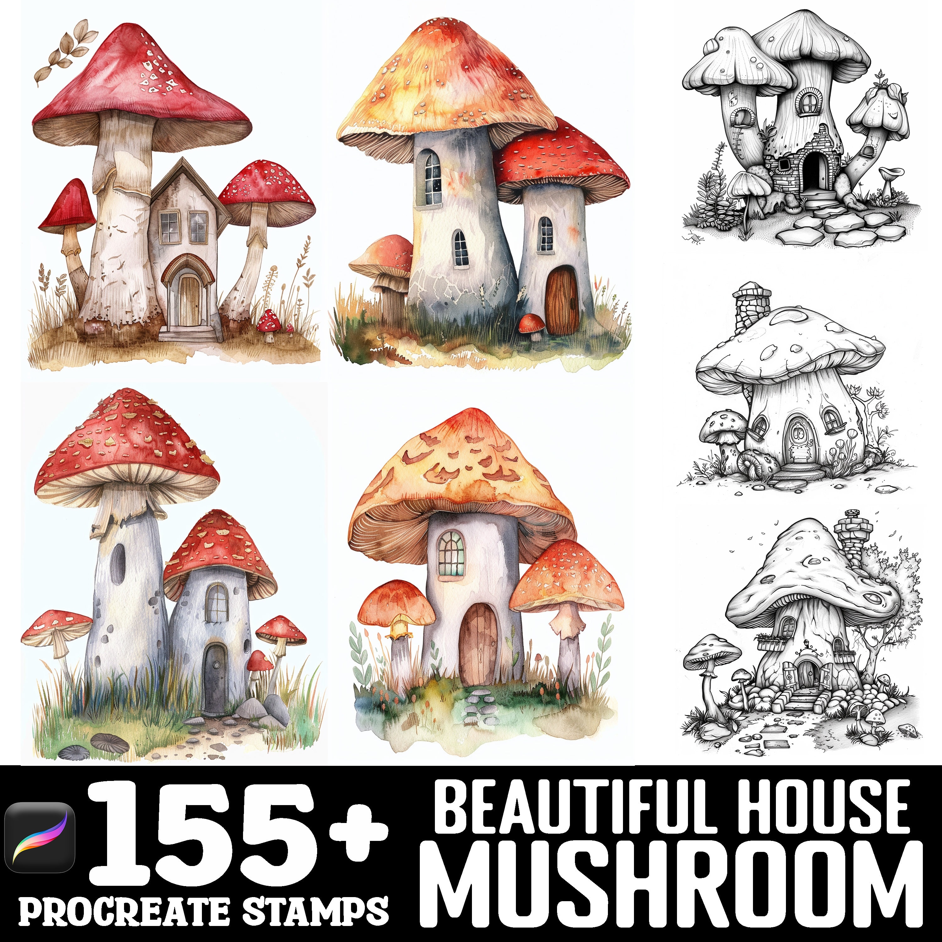 135+ Mushroom House Procreate Brush Set | Stamps for Procreate ...