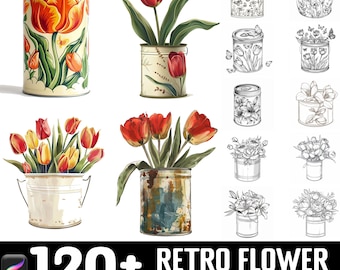 128+ retro bloem blikje voortplanten borstelset | Postzegels voor voortplanting | Directe digitale download