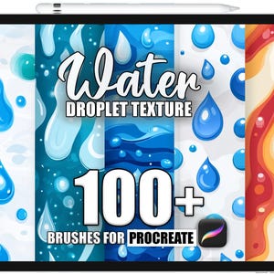 May include: A digital illustration of a tablet screen displaying a set of 100+ water droplet texture brushes for Procreate. The image shows three different water droplet patterns in blue, white, and red.