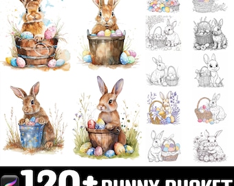 120 Bunny with Easter Bucket Brush Set | Stamps For Procreate | Instant Digital Download