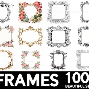 May include: A set of 12 digital frames with floral and ornate designs. The frames are in black and white, gold, and pink.  FRAMES 100+ BEAUTIFUL STAMPS text is at the bottom of the image.