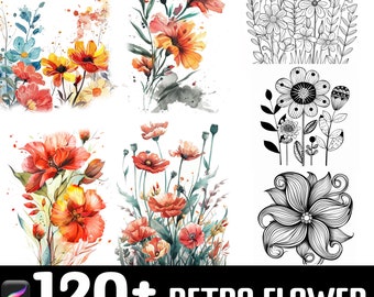 120 retro bloemenborstelset | Postzegels voor voortplanting | Directe digitale download