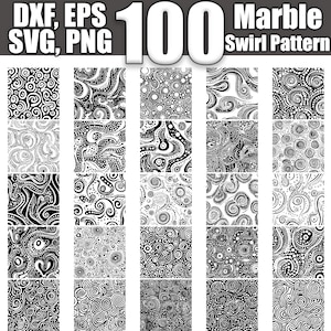 Puede incluir: Un conjunto de 25 patrones de espiral de mármol en blanco y negro. Los patrones son sin costuras y se pueden utilizar para una variedad de proyectos, como scrapbooking, creación de tarjetas y diseño digital.
