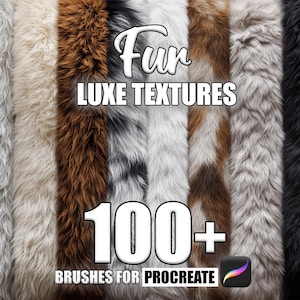 Może przedstawiać: Kolekcja ponad 100 tekstur futra do Procreate, z różnymi kolorami i stylami. Tekstury idealnie nadają się do tworzenia realistycznych efektów futra w sztuce cyfrowej.