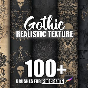 Op de afbeelding: Digitale kunstpenselen voor Procreate met een gotisch thema. De afbeelding toont een verscheidenheid aan donkere, getextureerde achtergronden met sierlijke patronen, schedels en bloemmotieven. Tekst luidt "Gothic Realistic Texture" en "100+ Brushes for Procreate."