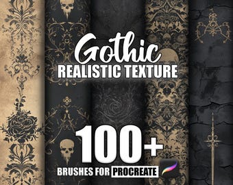 May include: Digital art brushes for Procreate with a gothic theme. The image features a variety of dark, textured backgrounds with ornate patterns, skulls, and floral designs. Text reads "Gothic Realistic Texture" and "100+ Brushes for Procreate."