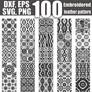 May include: A set of 20 black and white embroidered leather patterns. The patterns are geometric and feature circles, waves, and other shapes.
