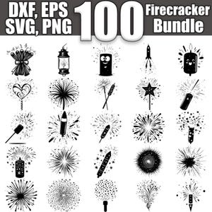 Peut inclure: Un ensemble de 100 illustrations de pétards et de feux d'artifice en noir et blanc. Les illustrations comprennent diverses formes et designs, tels que des étoiles, des cœurs, des fusées et des étincelles.  DXF, EPS, SVG, PNG.