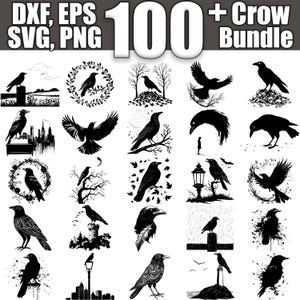 Puede incluir: Un conjunto digital de más de 100 diseños temáticos de cuervos en formatos DXF, EPS, SVG y PNG. Las ilustraciones en blanco y negro muestran cuervos en diversas poses y entornos.
