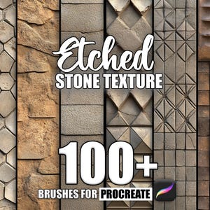 May include: A digital illustration of 100+ etched stone textures for Procreate. The image shows a variety of stone patterns, including hexagonal, diamond, and square shapes. The text "Etched Stone Texture" and "100+ Brushes for Procreate" is visible in the image.