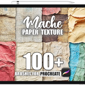Può includere: Un'illustrazione digitale di uno schermo di tablet che mostra una collezione di oltre 100 pennelli di texture di carta per Procreate. L'immagine presenta un collage di diverse texture di carta in vari colori, tra cui rosso, giallo, blu e verde.