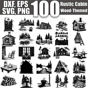 以下が含まれることがあります： 100個の黒と白のイラストのセットで、素朴な小屋と木をテーマにしたデザインが描かれています。イラストには、小屋、木、窓、ドア、家具、その他の要素が含まれています。