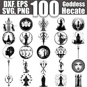 May include: A collection of 100 Goddess Hecate designs in black and white. The images include illustrations of the goddess, moons, and other mystical symbols. The designs are available in DXF, EPS, SVG, and PNG formats.