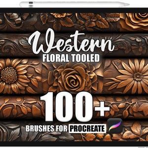 May include: A digital illustration of a set of 100+ Western Floral Tooled brushes for Procreate. The brushes feature intricate floral designs in a warm, metallic colour palette.