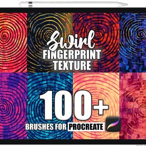 May include: A digital tablet displays a collection of colorful fingerprint textures. The text reads "Swirl Fingerprint Texture" and "100+ Brushes for Procreate". The textures are in shades of red, orange, blue, purple, and yellow.
