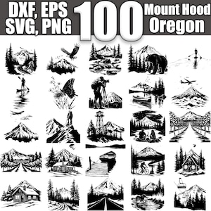May include: A set of 25 black and white vector illustrations of Mount Hood, Oregon. The illustrations feature various scenes of the mountain, including a view from the top, a hiker on a trail, a cabin in the woods, and a river flowing through a valley. The text "100 Mount Hood Oregon" is at the top of the image.