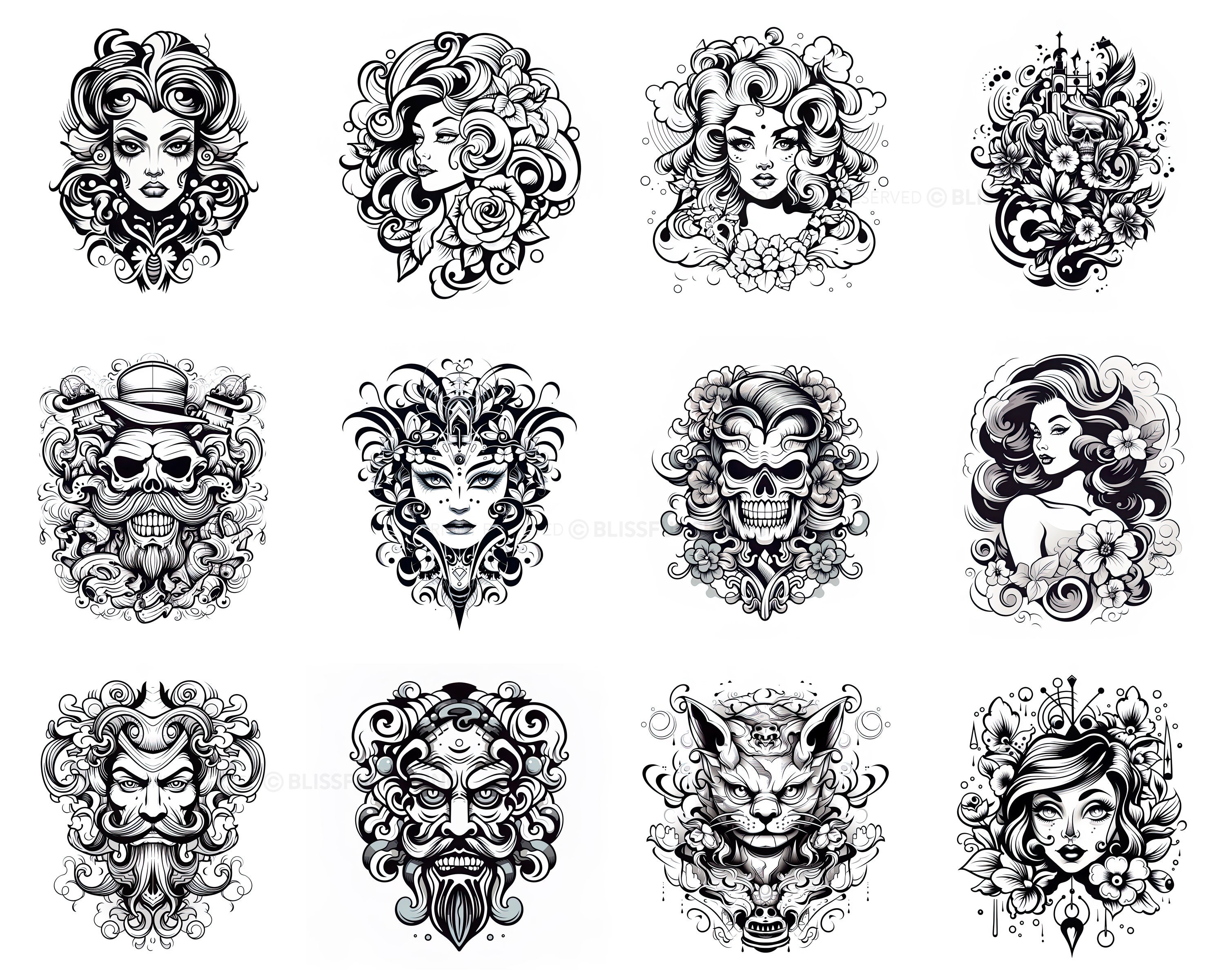 100+ Cartoon Tattoo Procreate Brush Set | Unique Tattoo Style Stamp ...