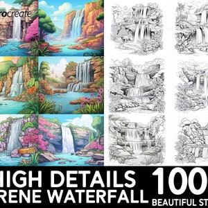 May include: A set of 100+ digital stamps featuring high-detail illustrations of serene waterfalls. The stamps are available in both color and black and white versions.  The text "HIGH DETAILS 100+ SERENE WATERFALL BEAUTIFUL STAMPS" is displayed at the bottom of the image.