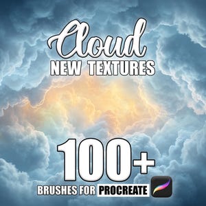 Pode incluir: Gráfico de arte digital com um fundo de céu nublado. A imagem apresenta as palavras "Cloud NEW TEXTURES" em escrita branca e letras de bloco. Abaixo, grandes números brancos leem "100+" com "BRUSHES FOR PROCREATE" e um ícone do aplicativo Procreate.