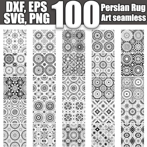 May include: A digital art collection featuring 100 Persian rug art seamless patterns in black and white. The patterns showcase various geometric and circular designs, with text at the top reading "DXF, EPS, SVG, PNG" and "100 Persian Rug Art seamless."