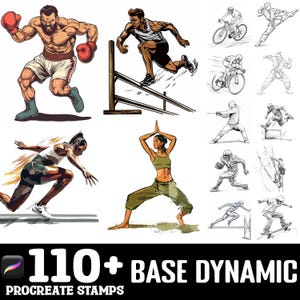 May include: Digital illustrations of various sports and fitness activities. Includes a boxer, a hurdler, a runner, a woman in a yoga pose, cyclists, a fencer, a football player, a rock climber, and a skateboarder. Text reads "110+ BASE DYNAMIC PROCREATE STAMPS."
