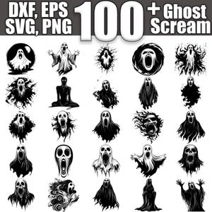 Könnte beinhalten: Eine Sammlung von über 100 Schwarzweiß-Geisterillustrationen in verschiedenen Posen und Ausdrücken. Die Illustrationen sind perfekt für Halloween-Bastelarbeiten, Dekorationen und Designs.