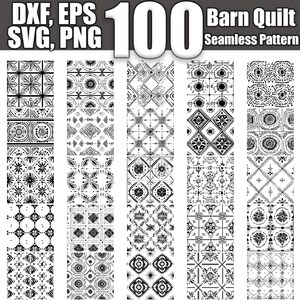May include: A set of 100 black and white barn quilt seamless patterns. The patterns are geometric and feature a variety of shapes and designs.