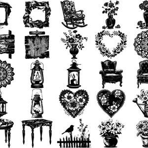 May include: A collection of black and white illustrations featuring various designs, including floral arrangements, lanterns, furniture, and geometric patterns. The illustrations are perfect for crafting, scrapbooking, or adding a vintage touch to your projects.