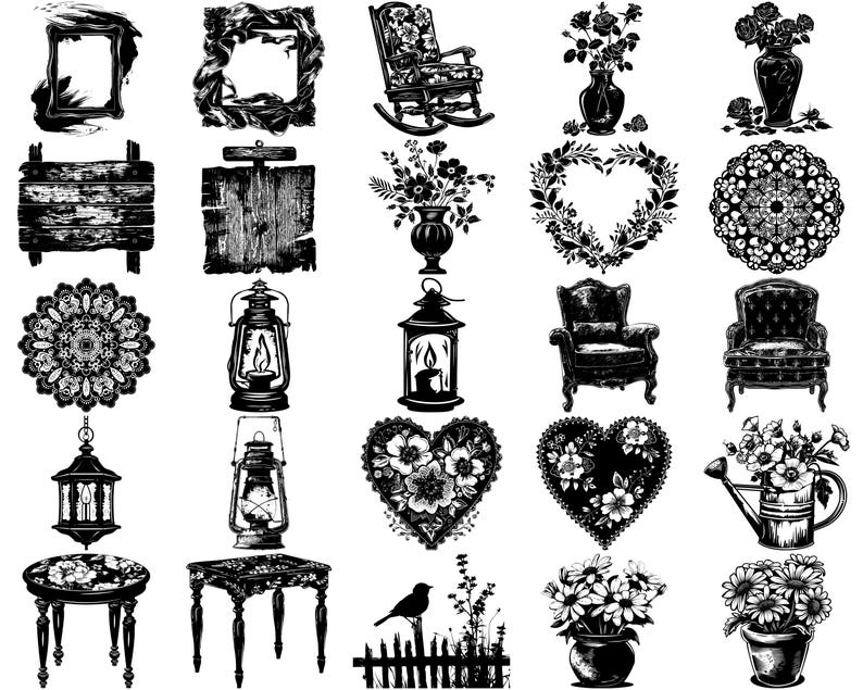 May include: A collection of black and white illustrations featuring various designs, including floral arrangements, lanterns, furniture, and geometric patterns. The illustrations are perfect for crafting, scrapbooking, or adding a vintage touch to your projects.