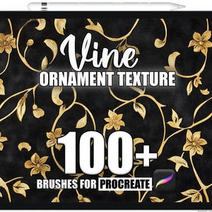 May include: A digital illustration of a black and gold floral pattern with the text "Vine Ornament Texture 100+ Brushes for Procreate" on a black background.