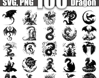 May include: A collection of 100 black and white mythical dragon illustrations. The dragons are depicted in various poses and settings, including flying, resting, and guarding treasures. The illustrations are perfect for use in crafting projects, digital designs, and more.