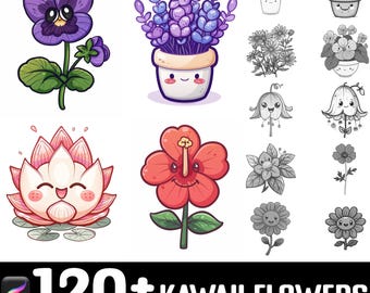 May include: A set of 120+ kawaii flower digital stamps for Procreate. The stamps feature a variety of flowers in different colors and styles, including a purple pansy, a lavender plant in a pot, a red hibiscus, and a white lotus flower.