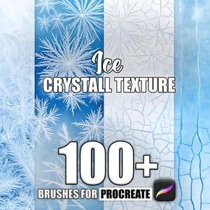 May include: A digital illustration of ice crystals in various shades of blue. The text "Ice Crystal Texture" and "100+ Brushes for Procreate" is displayed on the image.