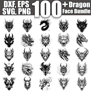 May include: A collection of 100+ black and white dragon face illustrations. The illustrations are in a variety of styles, including cartoon, realistic, and stylized.  DXF, EPS, SVG, PNG.