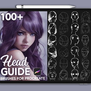 May include: A digital illustration of a woman with purple hair on a tablet screen. The screen also shows a grid of 100+ head drawing guides for Procreate. The text "Head Guide" and "Brushes for Procreate" are displayed on the screen.