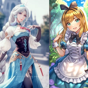 Pu&ograve; includere: Due donne in stile anime con abiti diversi. La donna a sinistra ha lunghi capelli bianchi e indossa un vestito blu e marrone con dettagli dorati. La donna a destra ha lunghi capelli biondi e indossa un vestito blu e bianco con un fiocco nero.