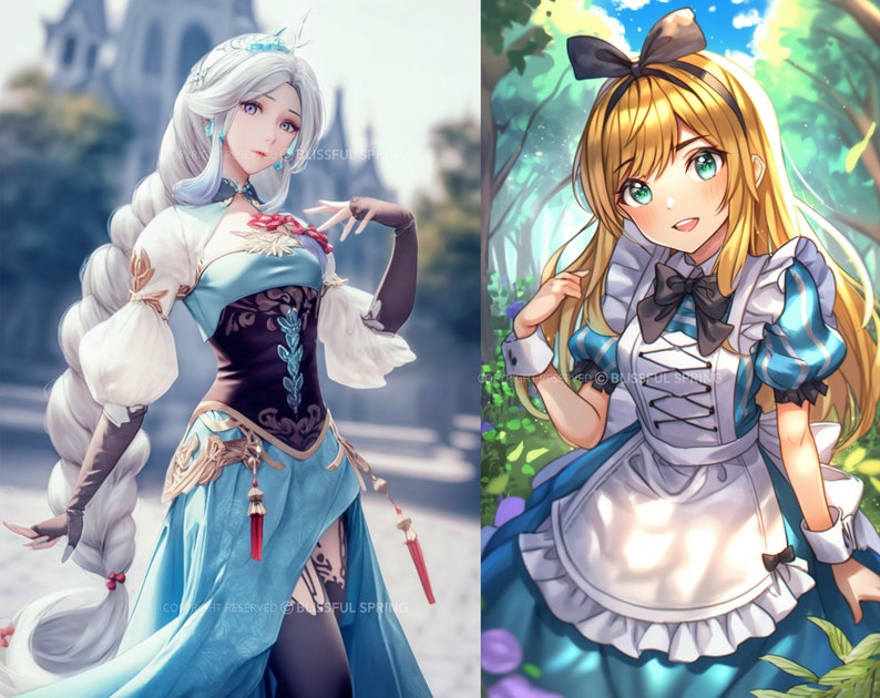 Pu&ograve; includere: Due donne in stile anime con abiti diversi. La donna a sinistra ha lunghi capelli bianchi e indossa un vestito blu e marrone con dettagli dorati. La donna a destra ha lunghi capelli biondi e indossa un vestito blu e bianco con un fiocco nero.